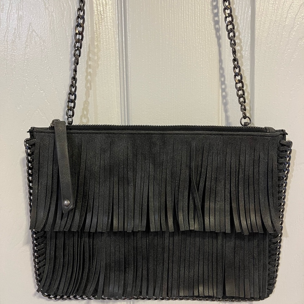 Fringed Black Chain Strap Bag